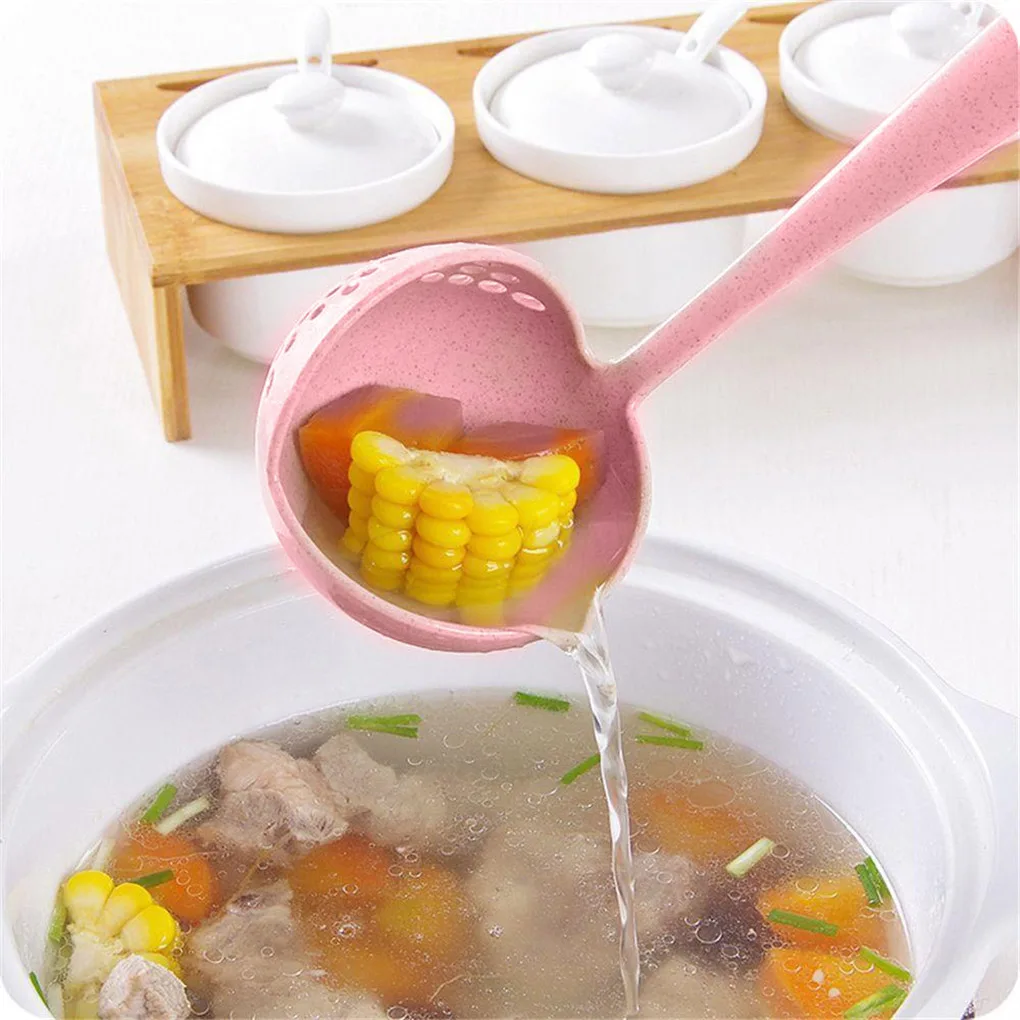 

Soup Spoon Long Handle Kitchen Strainer Solid Color Cooking Colander Kitchen Scoop Plastic Tableware Colander Hot, As photo