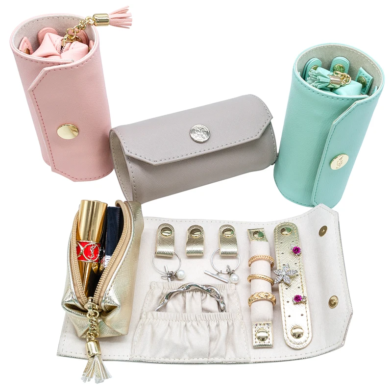 

Top Quality Custom Design Luxury Portable PU Leather Jewelry Organizer Pouch Roll Travel Jewel Bag Case, Gray/blue/gold/pink
