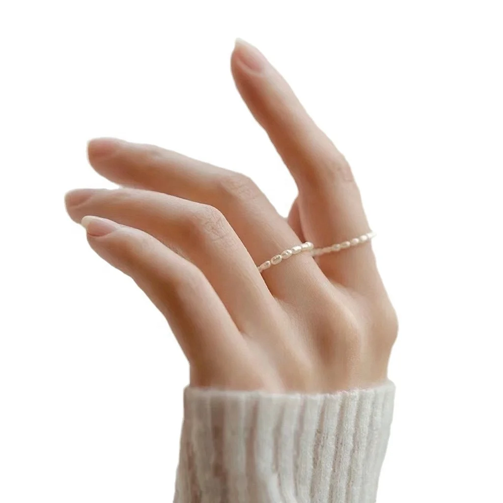 Tiny Mini Natural Freshwater Pearl Ring Beads 2024 Summer New Fashion Gentle Folded Vegan Elastic Girl