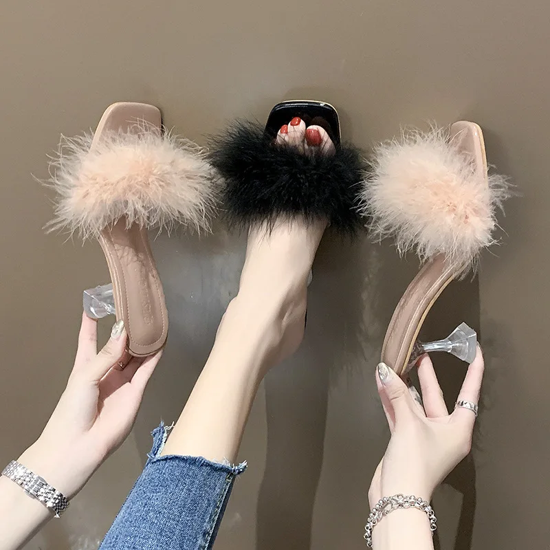

2021 New Style High Heeled Fur Sexy Women's Slippers Women's Sandals Summer Wholesale Size  Square Head Girls Shoes, As shown