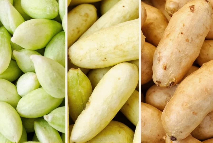 Close-up comparison of fresh wasabi rhizome, horseradish root, and ginger root showing textural and color differences