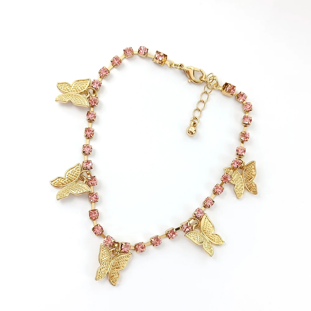 

New hot sale fashion simple butterfly pendant gold plated colored rhinestone anklet