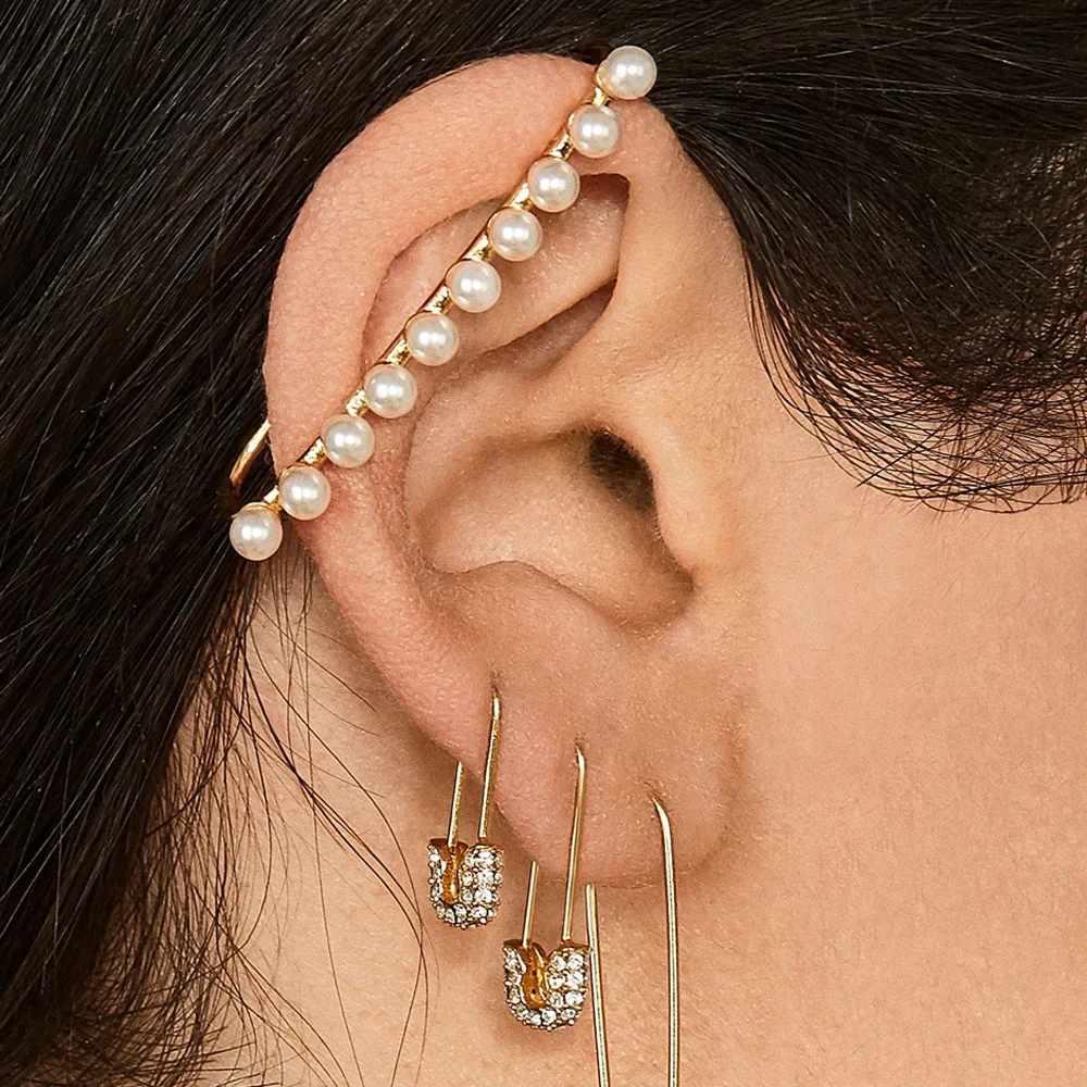 

New sparkly tiny dainty buckle needle earring pearl rhinestone safety pin earrings, Gold
