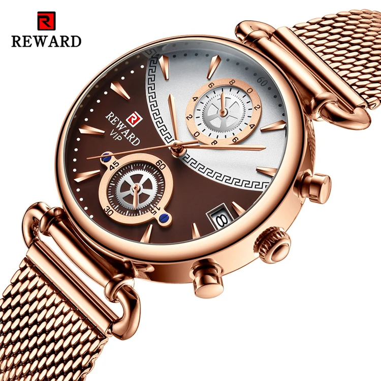 

REWARD RD82009L Chronograph Sports Watch Ladies Rose Gold Dress Clock Full Steel Milan Mesh Strap Wristwatch Women watches