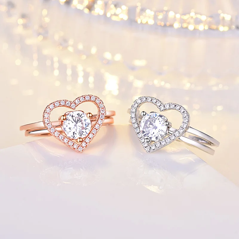 Heart-Shaped Open Diamond Ring Female Fashion Creative Silver Jewelry Love Two-In-One Ring Can Be Worn Alone