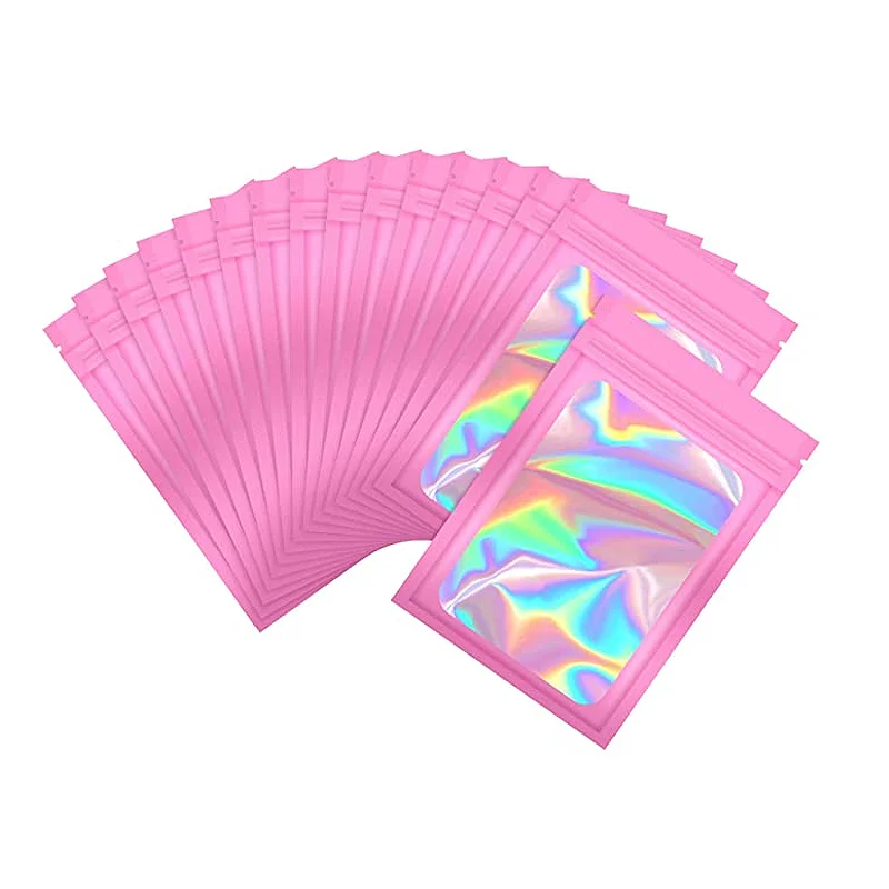 

Pink color Smell Proof Mylar Bags Resealable Odor Proof Bags Zip lock Holographic Packaging Pouch Bag for Eyelash Jewelry