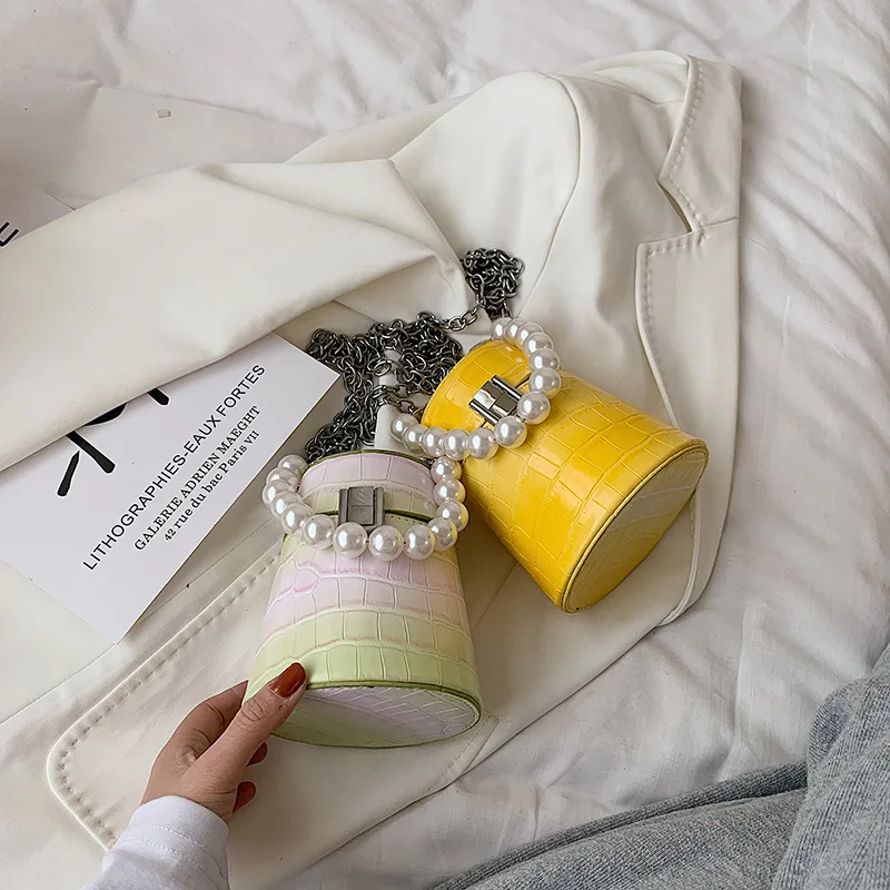 

Fashion new arrivial pu leather stone pattern women handbags ladies shoulder crossbody bucket pearl chain hand bag, 4 colors