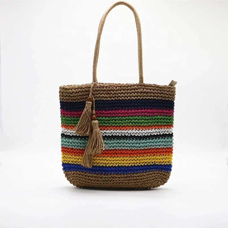 

Custom striped summer beach women straw bag tote weave shoulder handbags with tassel, Colourful