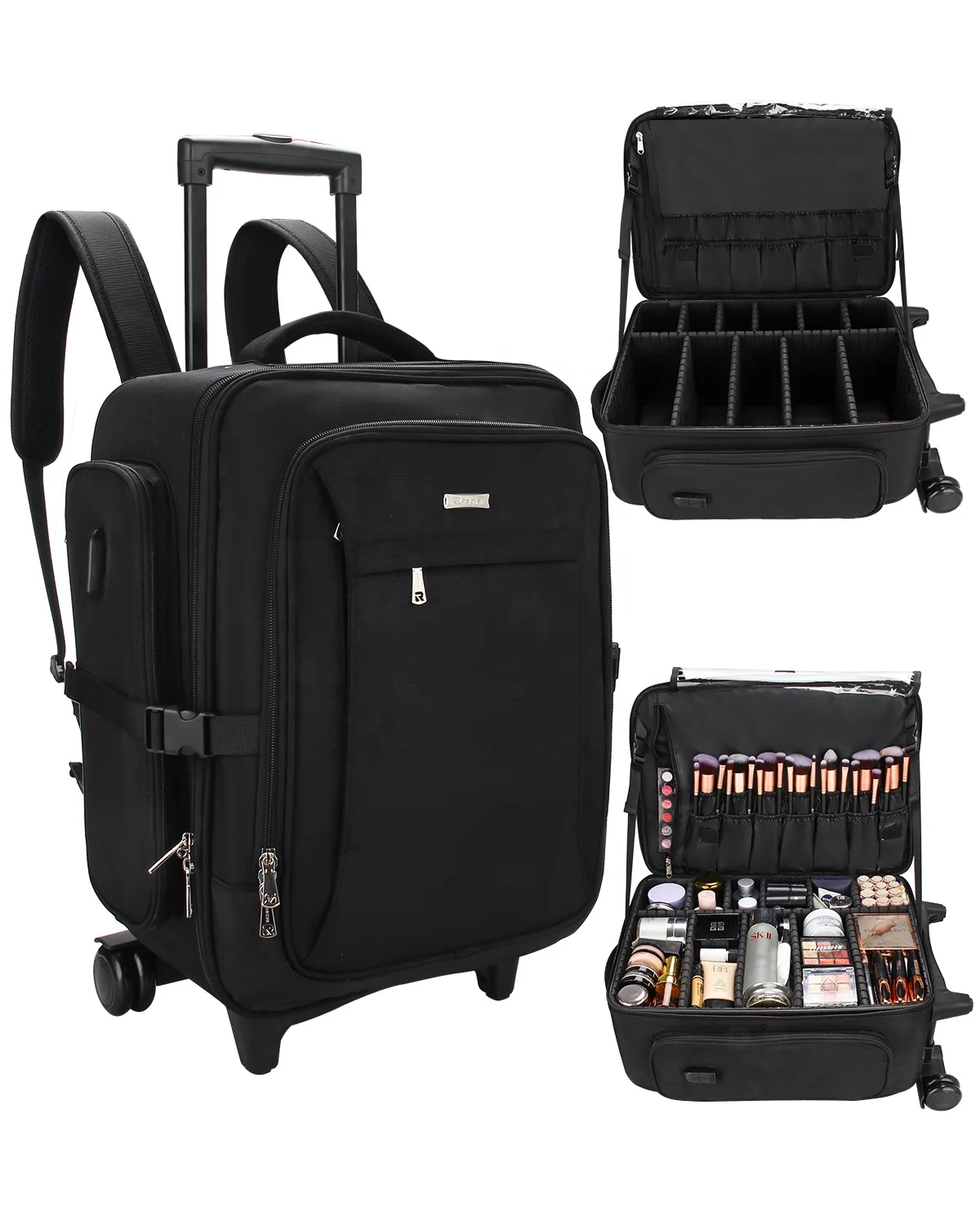 

Relavel 2022 New Professional Multifunctional Travel Train Case Rolling Nylon Makeup Artist Backpack Bag, Black