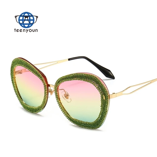 

Teenyoun Gorgeous Gradient Color Lens That Light Up Bling Rhinestone Handmade Brand Luxury Women 2023 Sun Glasses Sunglasses