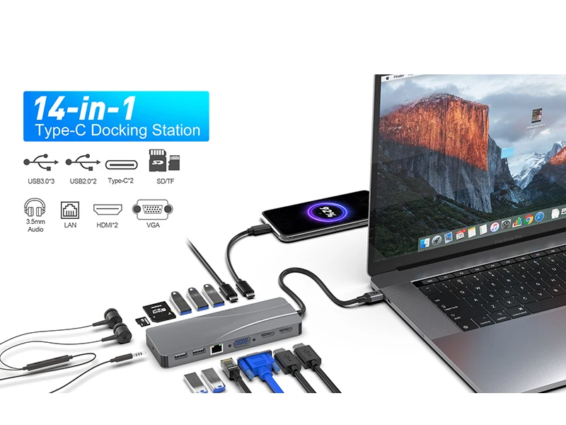 Aluminum Usb 14 In 1 Type C Charging Adapter Female To Usb-C Hub Male Phone To VGA HDMI RJ45 Customize Logo .jpg