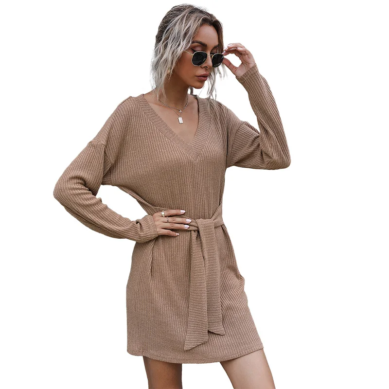 

Casual Long Sleeve Girls Cotton Dress Collect Waist Solid Color Knitted Dresses Women, Customized color