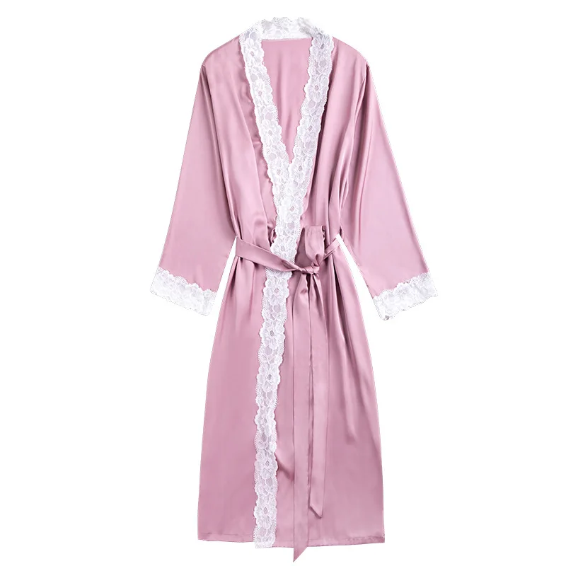 

European and American ladies new ice silk satin pajamas spring and summer long silk morning gowns home long sleeve nightgown