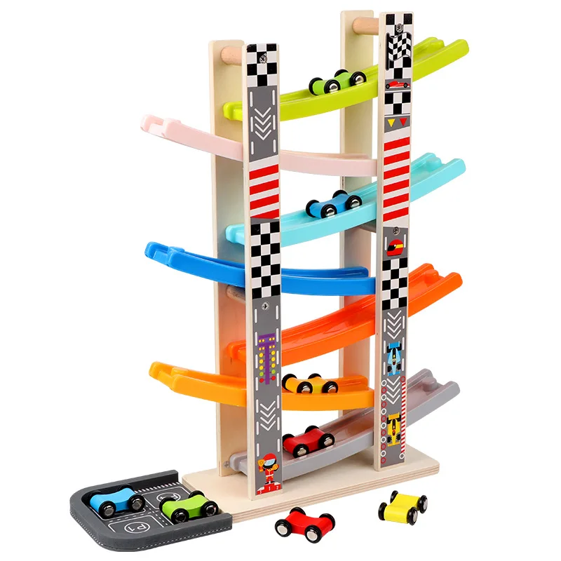 7-Layer Race Track for Toddlers Toy Race Car Wooden Ramp Racer 7 Small Cars 