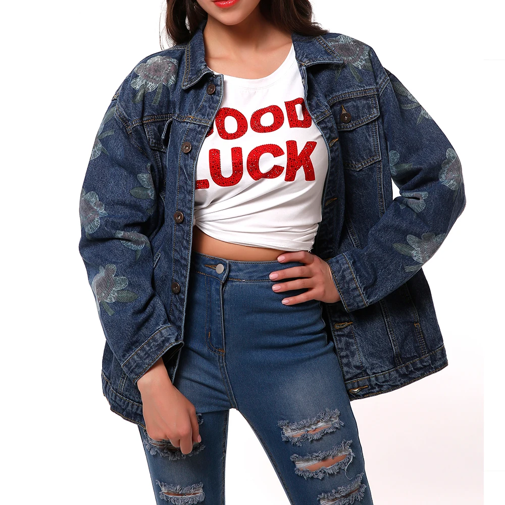 

Wholesale fashion women custom flowers printed denim jacket