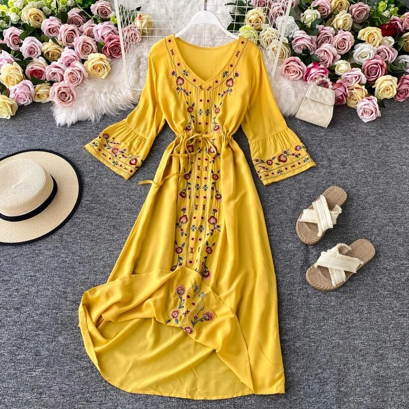 

Spring Autumn Indie Folk Heavy Flower Embroidery Dress Women V Neck Flare Long Sleeve Long Vestido High Waist Drawstring Dresses