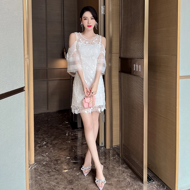 

5656 Woman Clothes 2022 New Trending Hollow Out Lace Dress Off Shoulder White Lady Casual Mini Dress