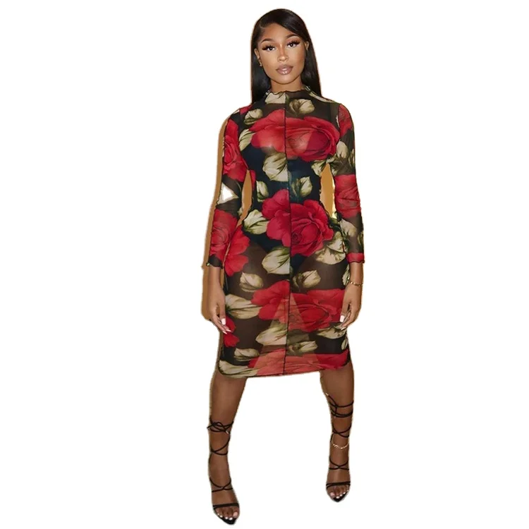 

EB-20022643 boutique women clothing long sleeve rose floral mesh bodycon dress midi dress