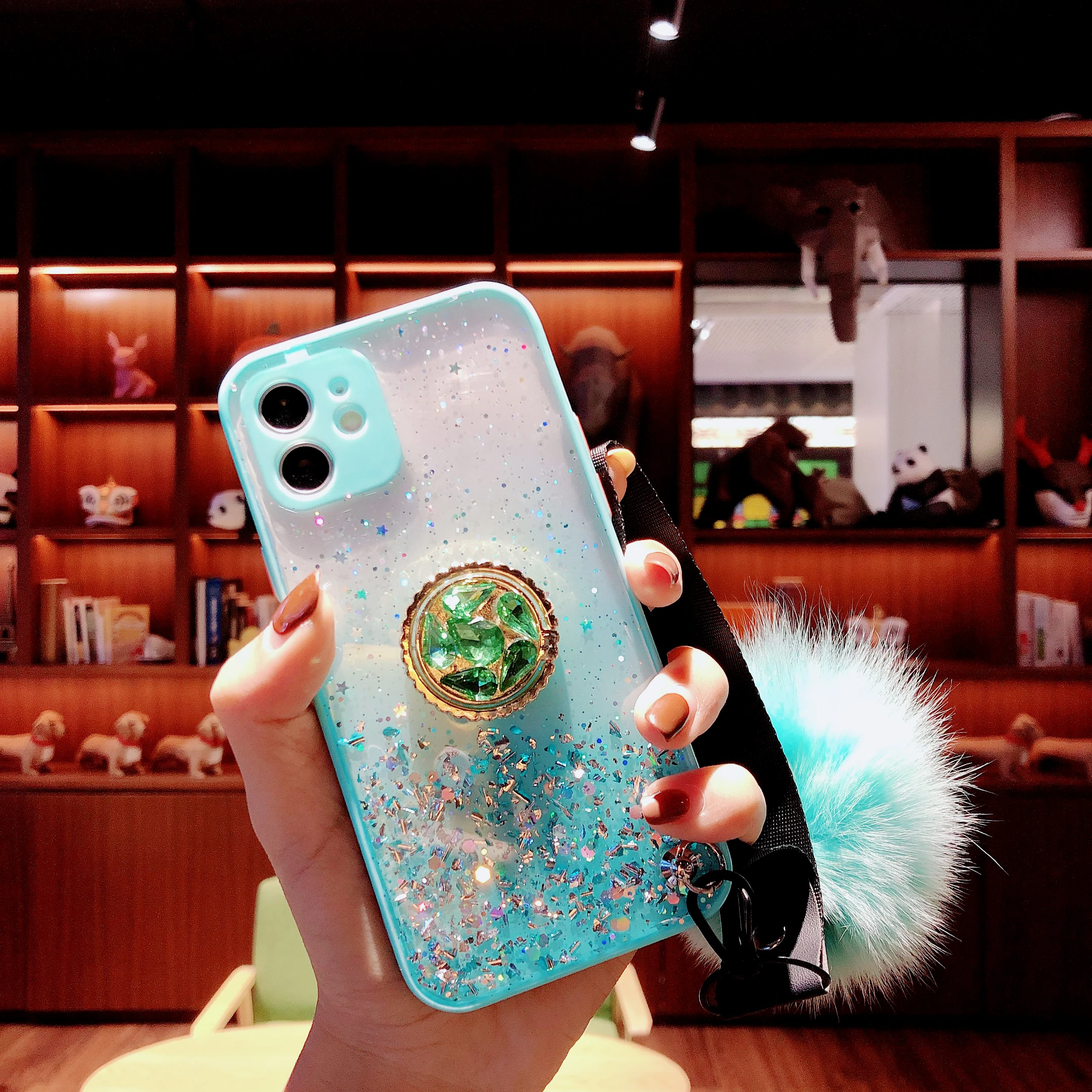 

Beautiful Bling Star Phone Case with pom fur ball for iphone 12 promax 11pro 8plus