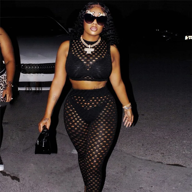 

Trendy Slim Sleeveless Hollow Out Sexy Bodycon 2 PC Casual Pants Women Sets