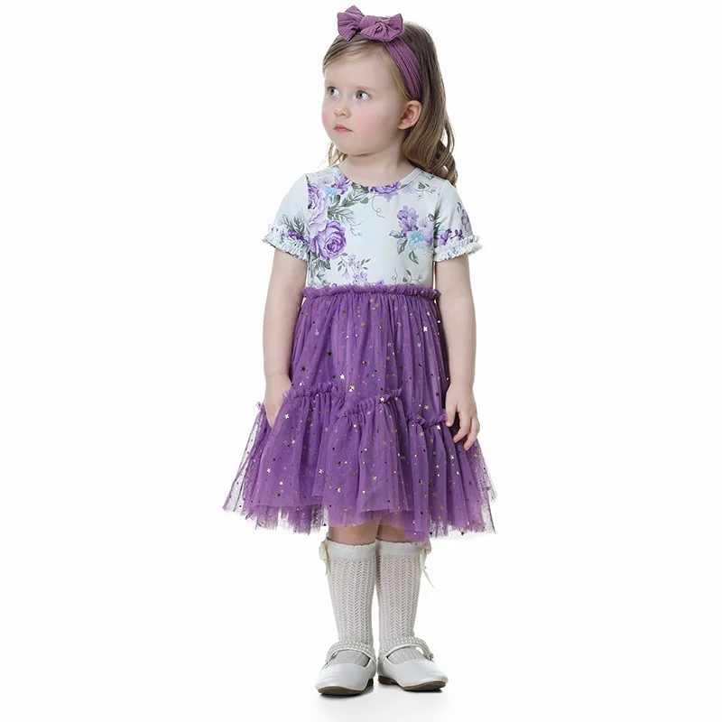 

Summer fashion floral knit sequin stars tulle dress kids baby girl's dresses