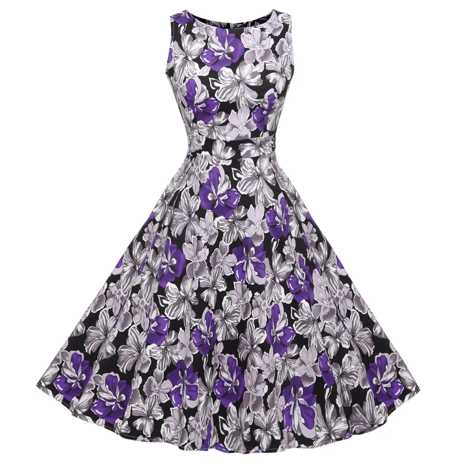 

Spring and Summer Women's Retro Sleeveless Crew Neck Print Swing Dress