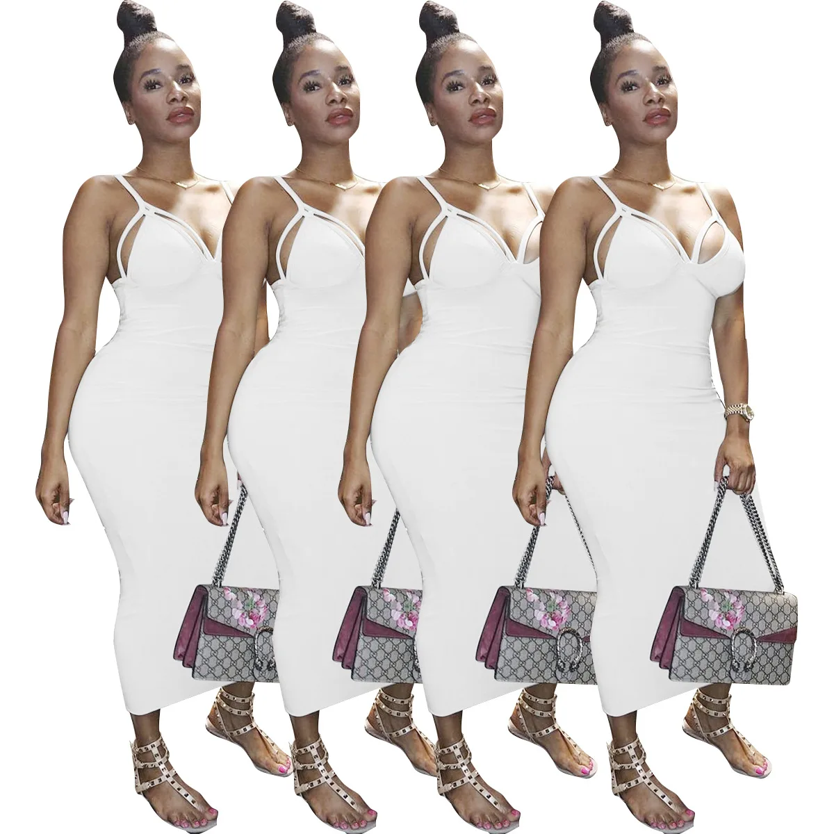 

European and American cities sweet fashion condole belt solid color dress