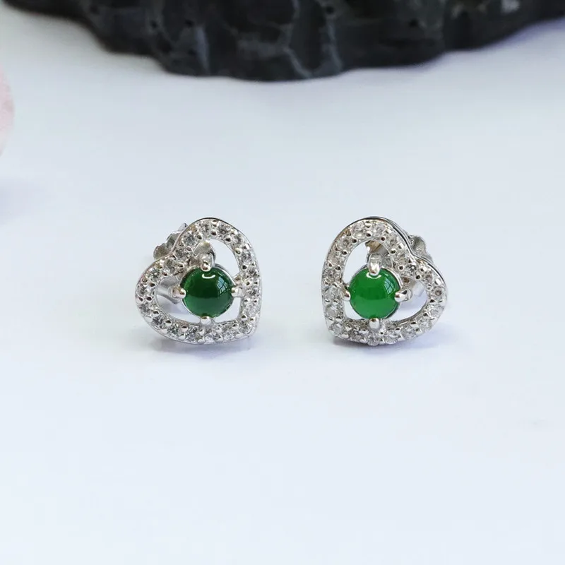 

S925 Silver Inlay Natural Emerald Ice-Like Emperor Green Egg Noodle Ear Studs Love Live Broadcast Delivery 2040906