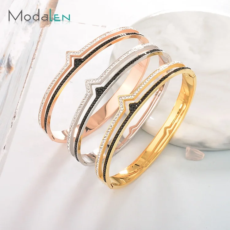 

Modalen Hand Jewelry Steel Micro Pave Natural Stone 22K Gold Plated Fashion Metal Bangle