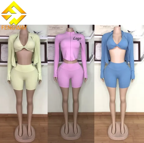 Custom Logo Women's Sportswear Outdoor Sun Proof Quick Dry Running Fitness Tennis Zipper Jacket and Shorts Set