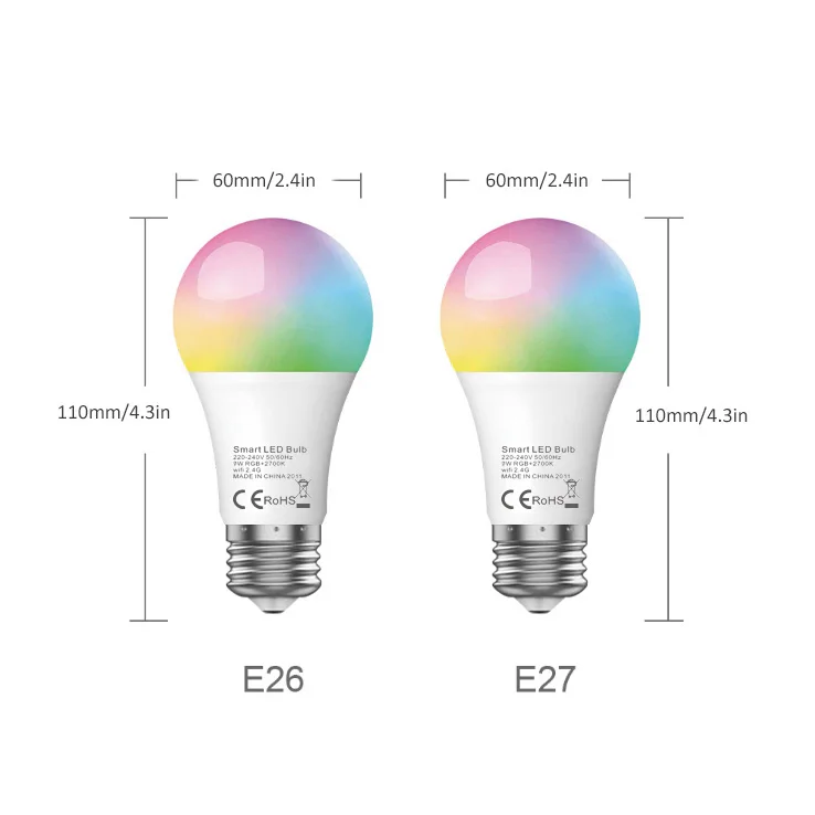 9W AC120-240V Smart WiFi Light Bulb E27E27/B22 LED RGB Color Changing Control by Alexa Google Tuya