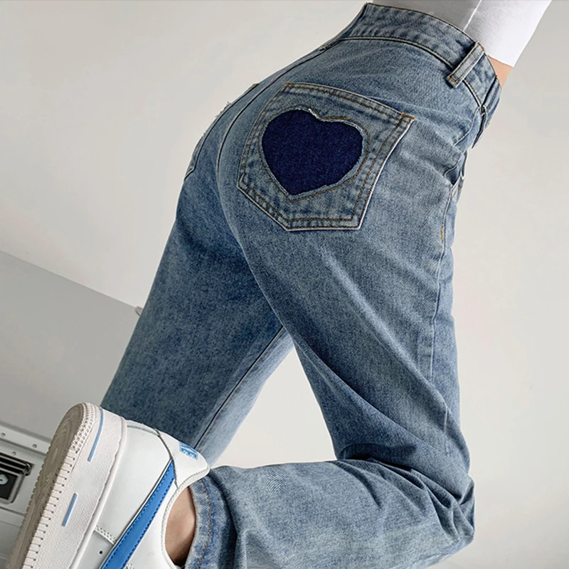 

Gilipur women fall winter pants high waist ladies heart shape cut out vintage washing mom boyfriend jeans, Blue or customized