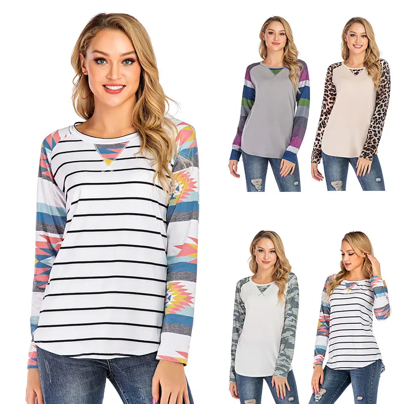Wholesale Fashion Women's Shirt Twist Knot Front Leopard Print Long Sleeve Round Neck Casual Blouse Tunic Tops