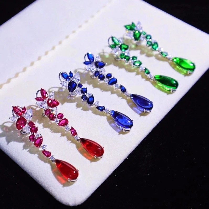 

Luxury Red Blue Green Zircon Earrings New Drop Earrings 925 Sterling Silver for Women Gift