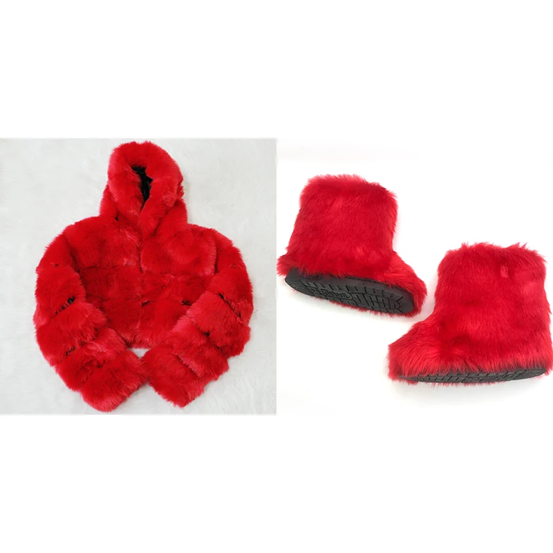 

Fashion Women Winter Furry Cute Warm Middle Tube Snow Fur Boots With Matching Fur Coat, Single color or rainbow color