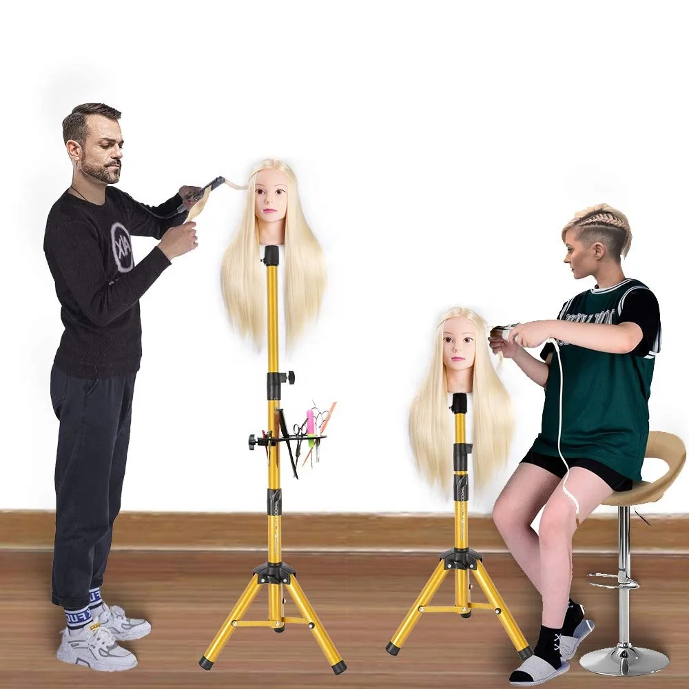 

New Golden Luxurious Canvas Block Head Tripod Mannequin Head Wig Stand Tripod With Tray