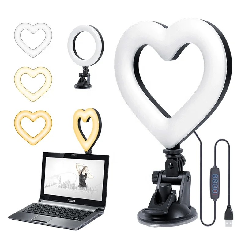 

Portable dimmable  heart-shaped studio photography photo makeup selfie LED ring light with sucker, White/black/custom