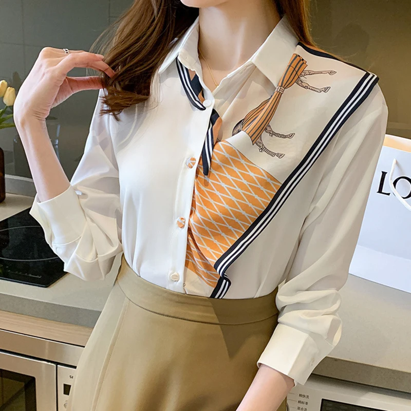 

2021 New White shirt women Tops Long Sleeve Printed Satin Women Blouses Shirts In Stock, Picture show