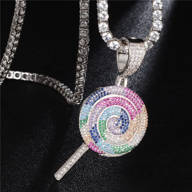 

HIPHOP Explosive INS European and American hip-hop full zircon full diamond colorful rainbow lollipop pendant necklace, Picture shows