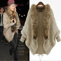 

European Style Fur Collar Bat Sleeve Knitted Cardigan Shawl Coat Winter Sweater