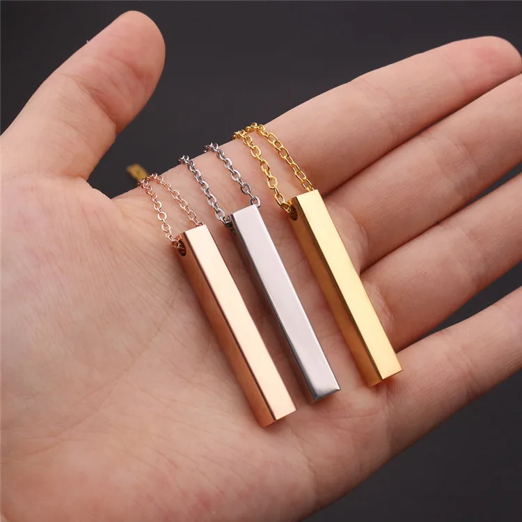 

Personalized Square Bar Custom Name Stainless Steel Pendant Necklace 1-4 Sides Engraving Necklace For Women Men Jewelry Gifts, As picture