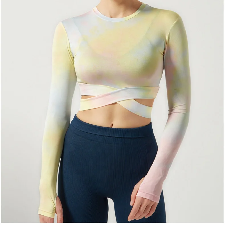 

2021 New Arrival Ladies Sexy Top Women Sexy Long-Sleeved Tie Dye Crop Top For Yoga, Can provide different swatchbooks to choose colors