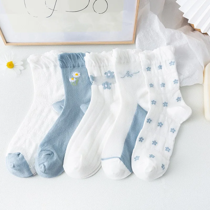 

Hot Selling Lovely Sky Blue White Ruffle Socks Dress Elegant Women Flower Crew Socks Soft Cotton Girls Dress Socks