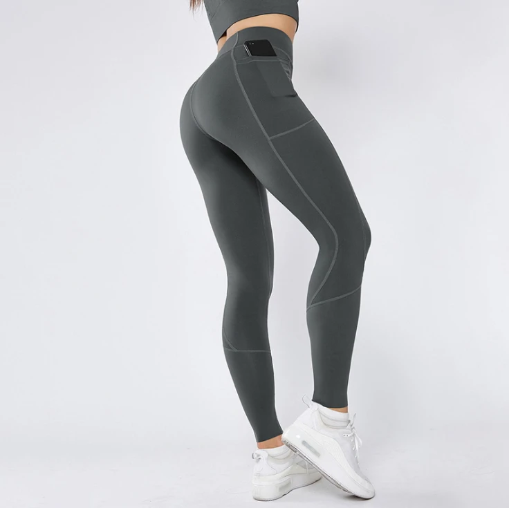 Stitching pocket yoga pants double-sided nylon high-elastic tight sports high-waist fitness pants