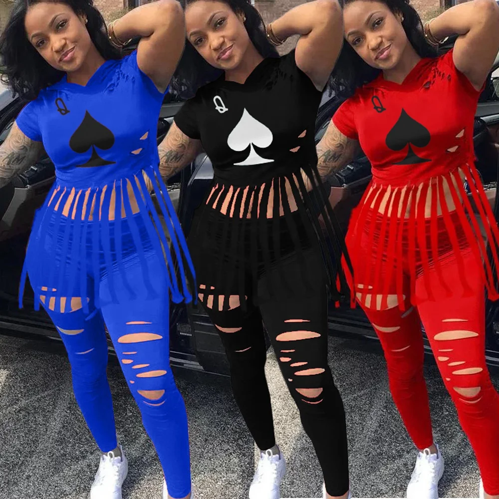 

T Shirt Pant Hooded Outfits Casual Women Poker Printed Cut Out Two Piece Set