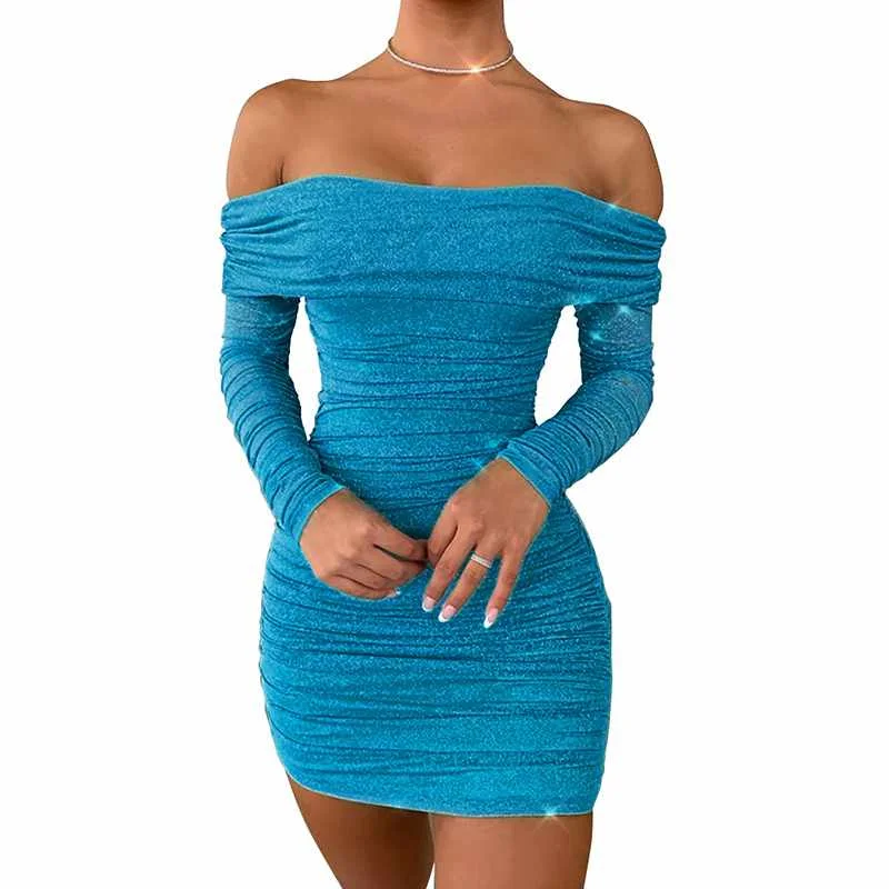

Long Sleeve Off Shoulder Mini Short Blue Frill Sleeve Frill Dress