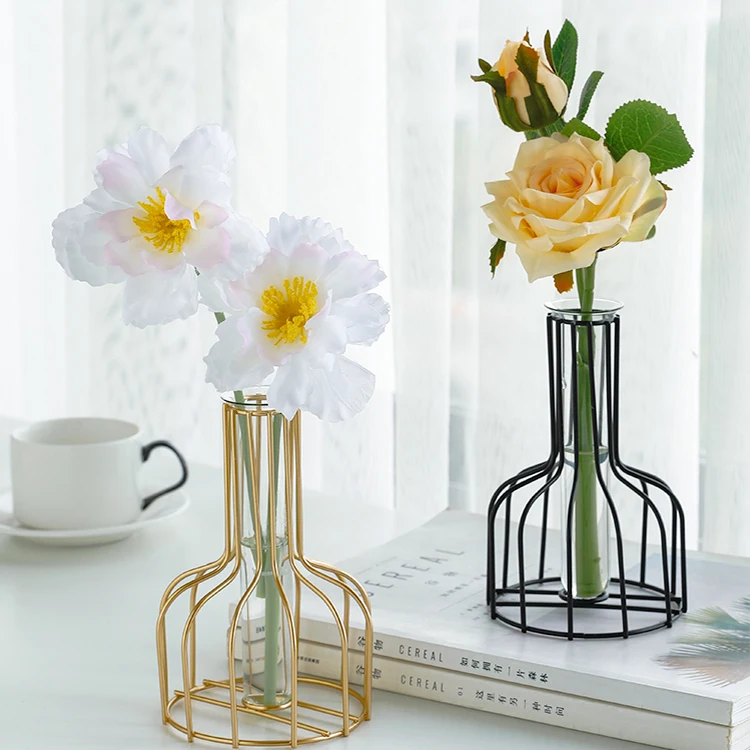 

Amazon Hot Sale Metal Frame Wrought Iron Flower Glass Vase Decoratieve Metal Wire Flower Vase