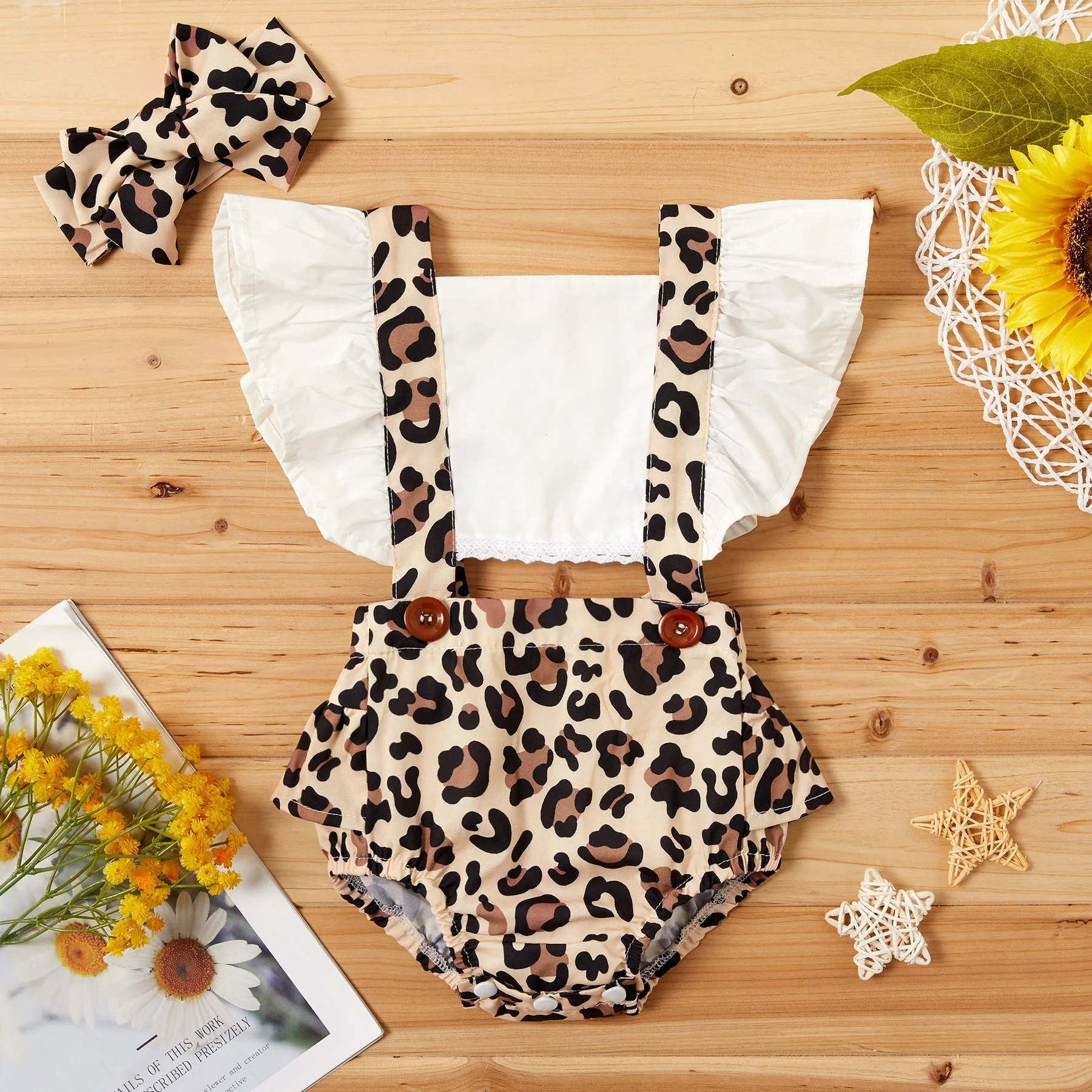 

2020 Newborn Toddler Baby Girl Clothes Leopard Ruffle Romper Jumpsuit+Headband 2Pcs Outfit Sunsuit 0-24M, As picture