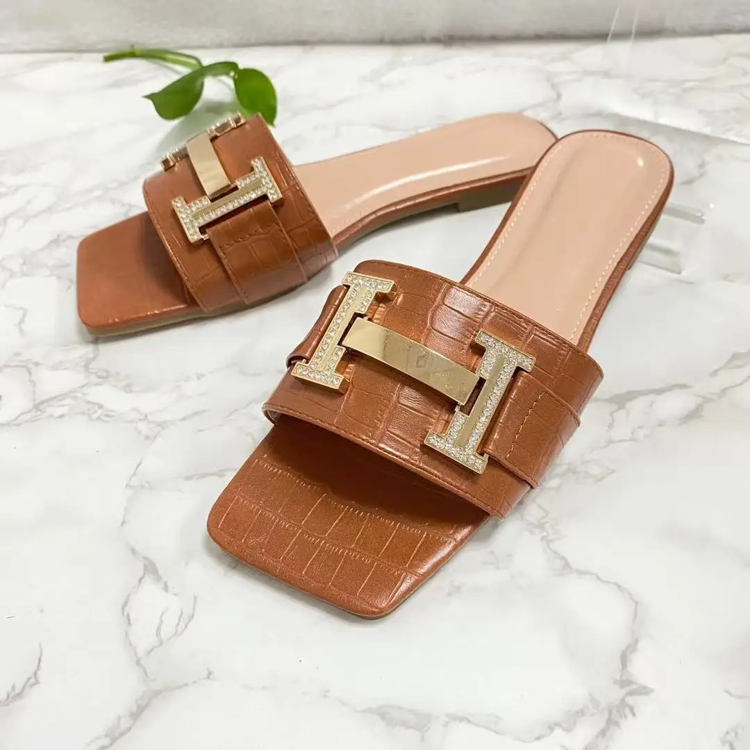 

Metal letter buckle pu flat slippers square shape flat slippers flat sandals slippers for women