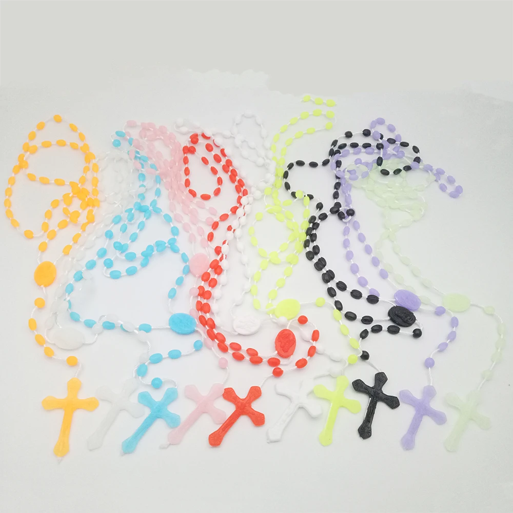 

Hot Sell Luminous Rosary Necklace Plastic Rosary Bead Style Cross necklace Catholic Christian Religious Gift Promotion, Colors